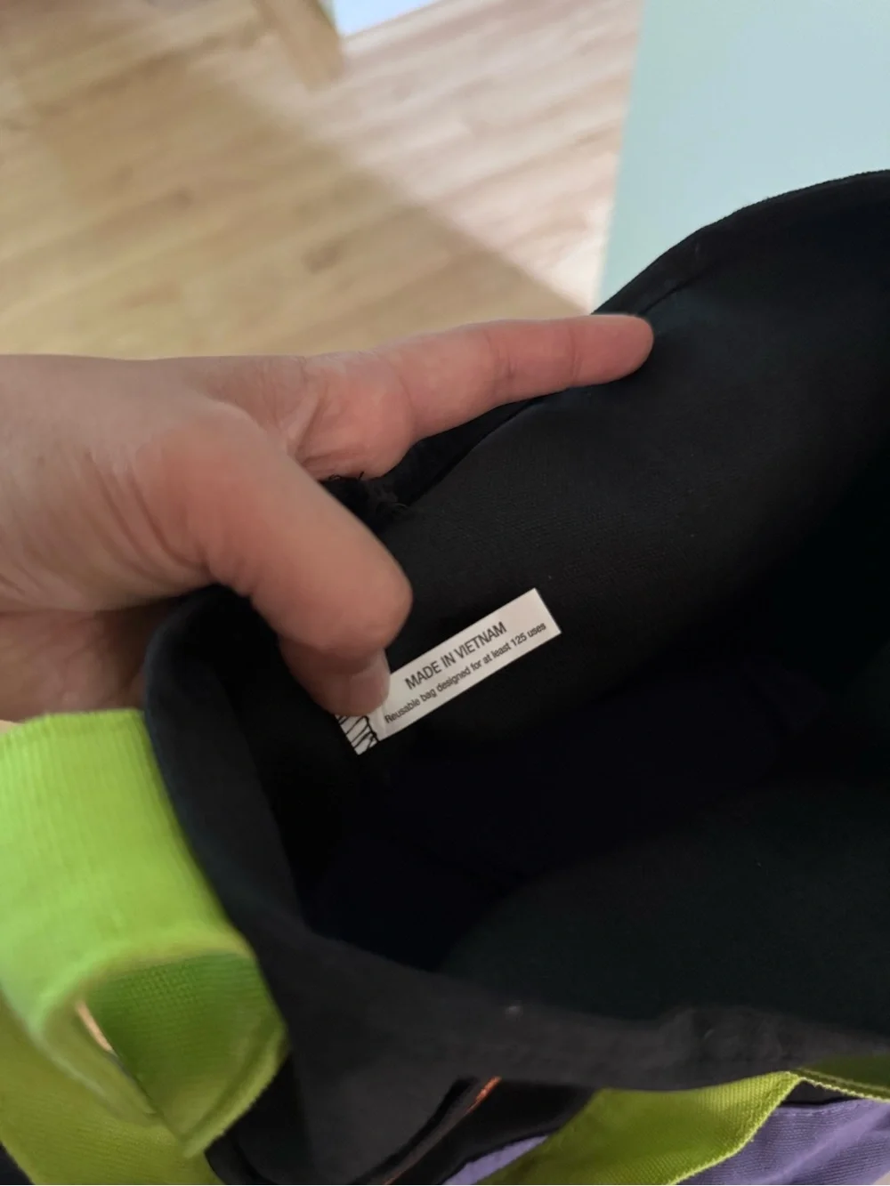Trader Joe's Black Tote with Lime Handles and Purple Base viral tote